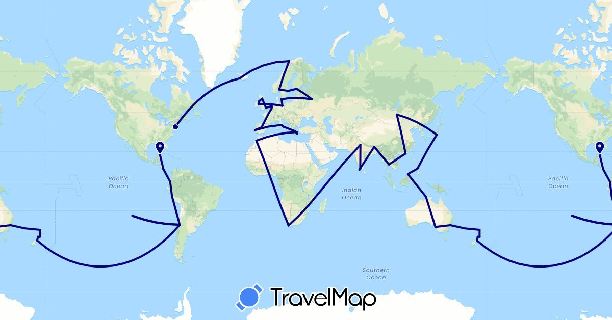 TravelMap itinerary: driving in Australia, Belgium, Chile, China, Costa Rica, Germany, Denmark, Ecuador, Spain, Finland, France, United Kingdom, Greece, Ireland, India, Iceland, Italy, Japan, Morocco, Mongolia, Mexico, Malaysia, Netherlands, Norway, New Zealand, Peru, Philippines, Portugal, Russia, Sweden, Thailand, United States, South Africa (Africa, Asia, Europe, North America, Oceania, South America)